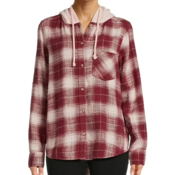 Time & Tru hooded flannel shirt button down maroon cream pink plaid pattern L - Picture 1 of 8